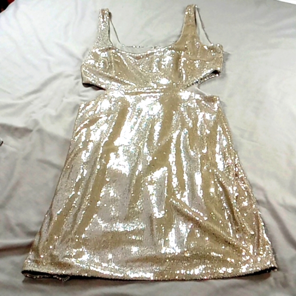 HALSTON Dress 12 Women Silver Sequence Metallic Cocktail Party Holiday NEW yy